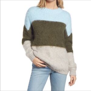 BP Nordstrom Oversize Brushed Stripe Sweater Top S Green Blue Colorblock Cozy